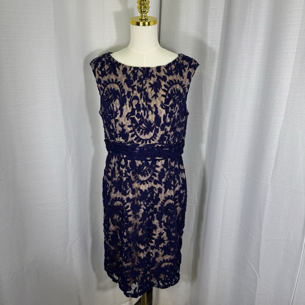 Adrianna Papell Dress Womens 12 Navy Blue Lace Overlay Wedding Cocktail Party - Picture 3 of 16
